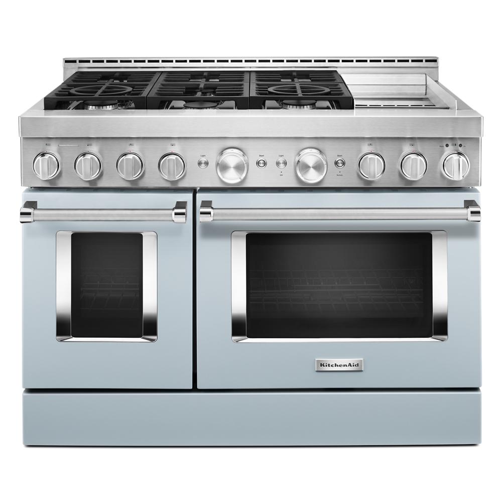 Commercial-style stainless steel gas range with six burners and dual ovens from Ranges and KitchenAid collections