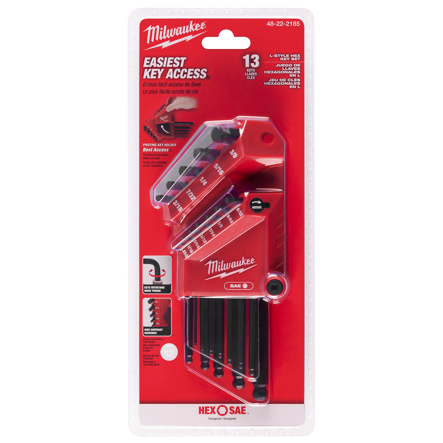 Red compact holder with 13 SAE ball end L-keys in graduated sizes for tools and home improvement use