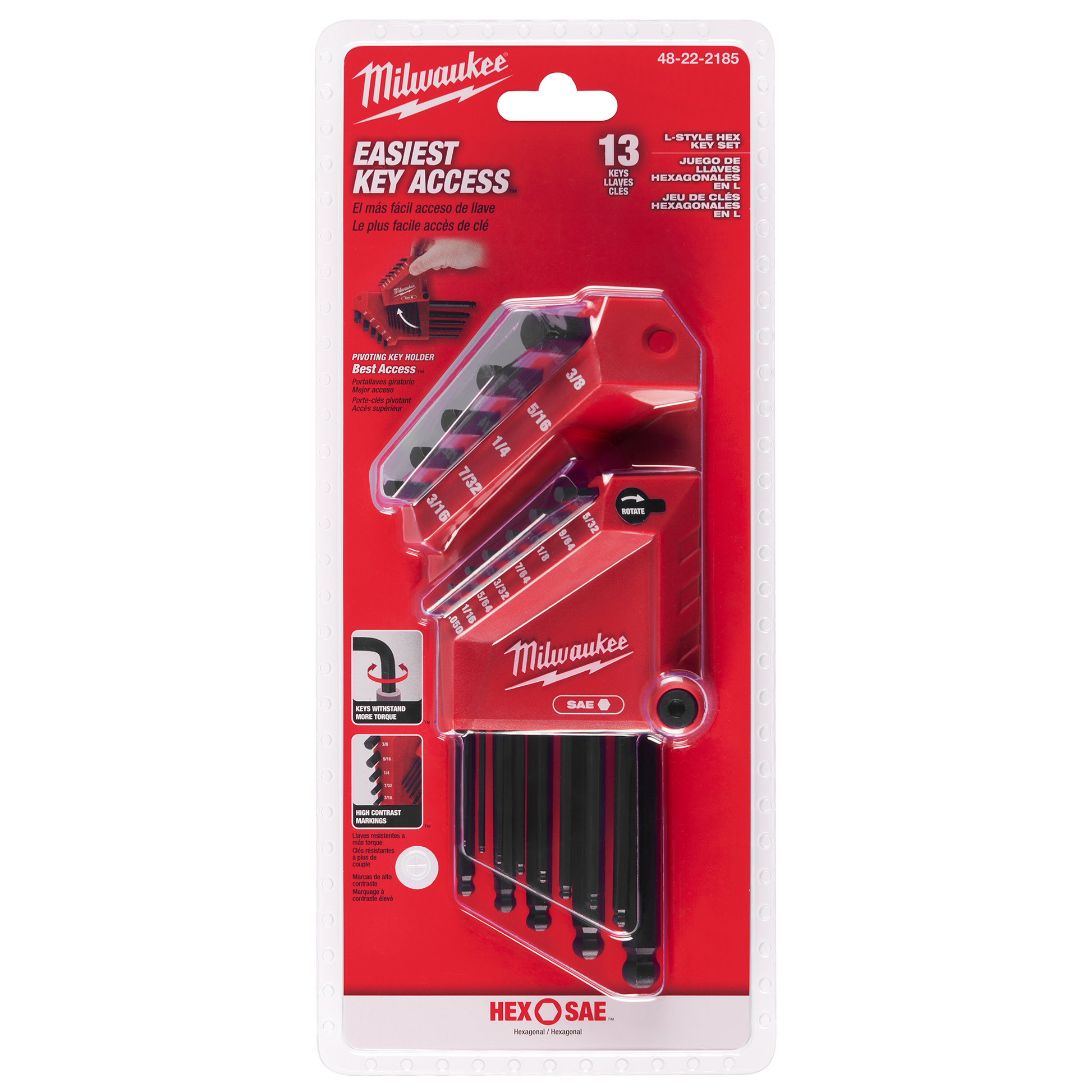 Red compact holder with 13 SAE ball end L-keys in graduated sizes for tools and home improvement use