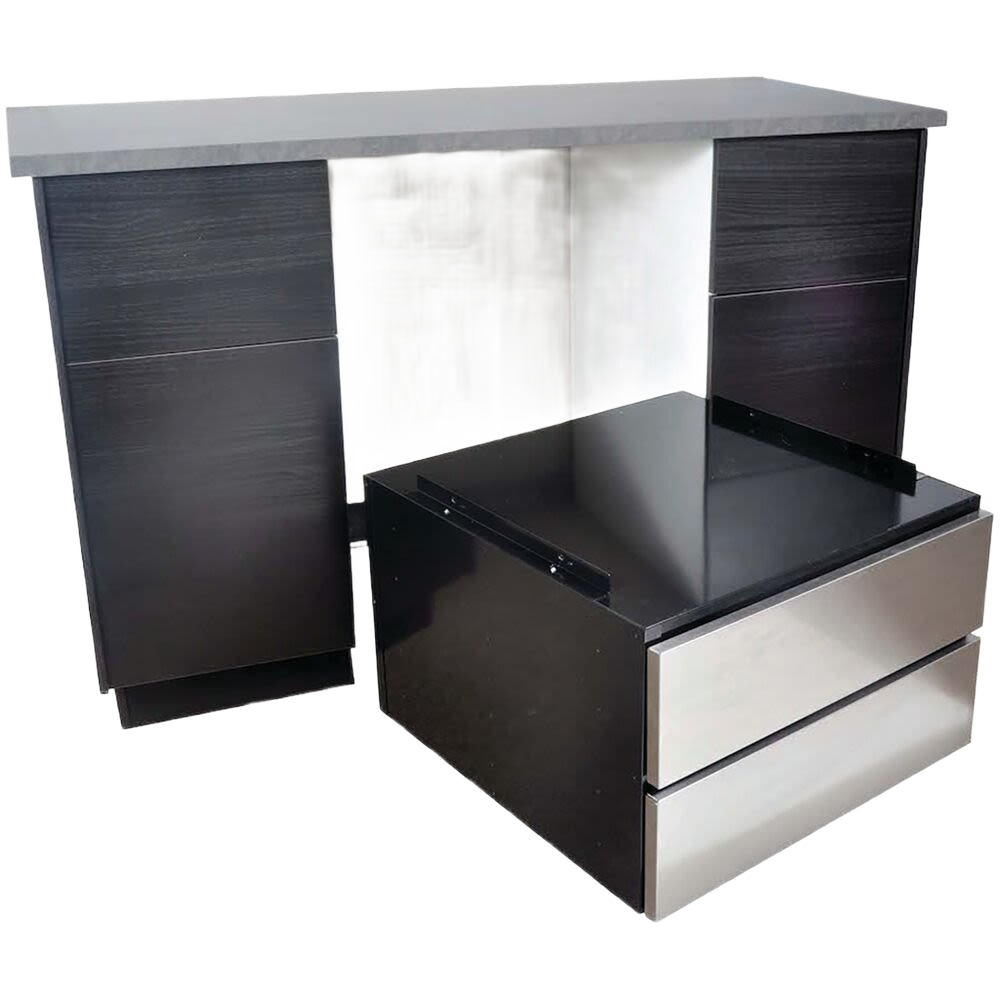 Black and stainless steel under-counter drawer pedestal next to modern dark wood cabinetry in kitchenware collection