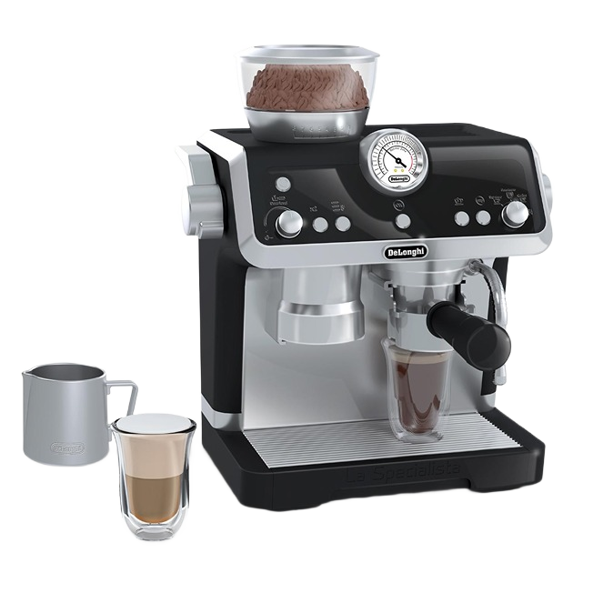 Black and silver espresso machine with pressure gauge and built-in grinder alongside milk frothing pitcher and glass cup