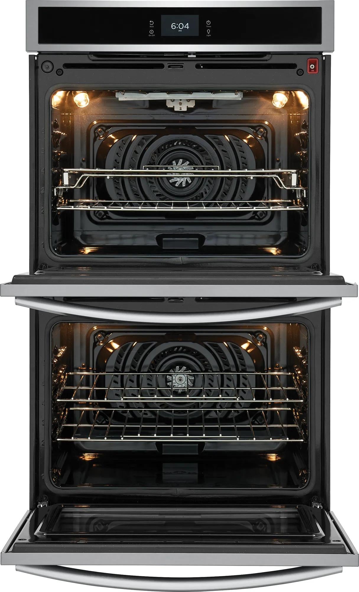 Double stainless steel electric wall oven with convection fans and lit interiors for kitchen appliances and home improvement collections