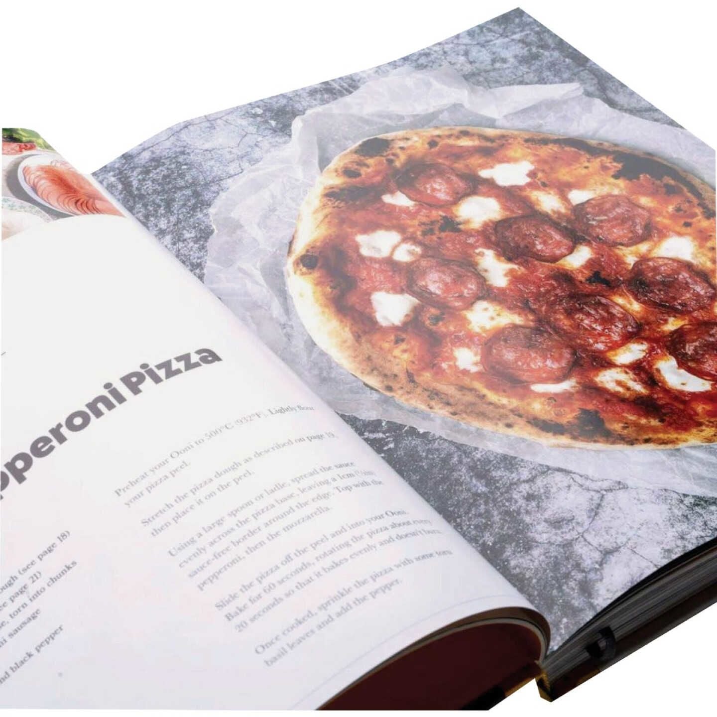 Open cookbook showing a pepperoni pizza recipe with image, part of grilling tools and outdoor living collections