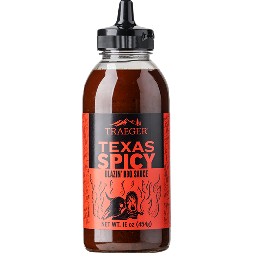 Plastic squeeze bottle of Traeger Texas Spicy BBQ sauce with black cap in grilling sauces and spices collection under $50