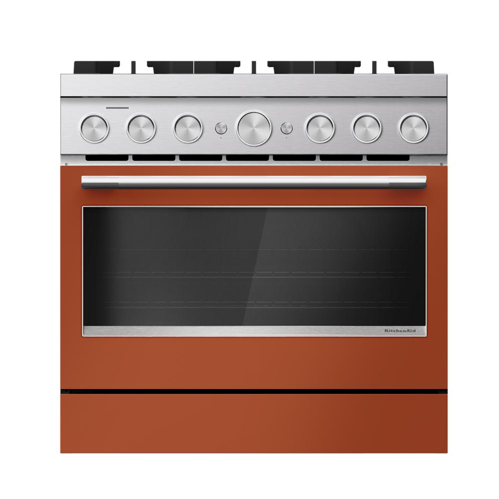 36-inch commercial-style KitchenAid range with six burners and stainless steel controls in Ranges & Kitchenware collection