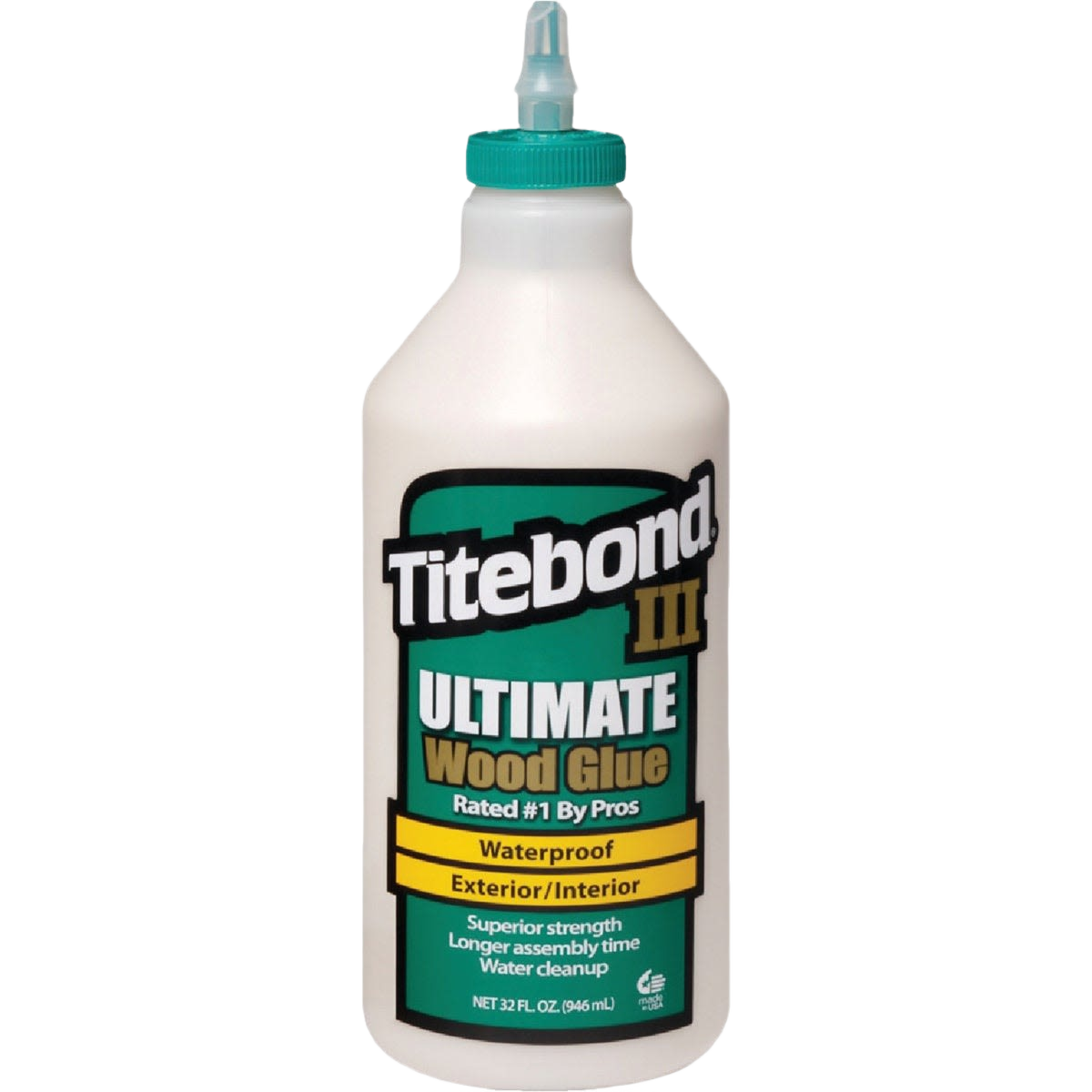 Plastic bottle of waterproof wood glue with precision tip for exterior and interior woodworking projects in glue and adhesives collection