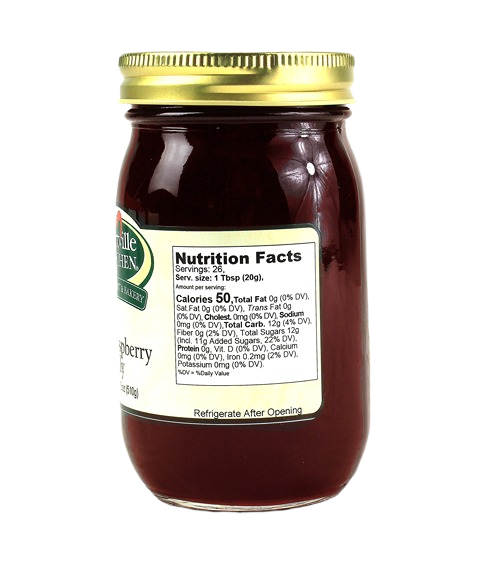 18 oz. jar of red raspberry jelly with nutrition facts label in jams and jellies collection