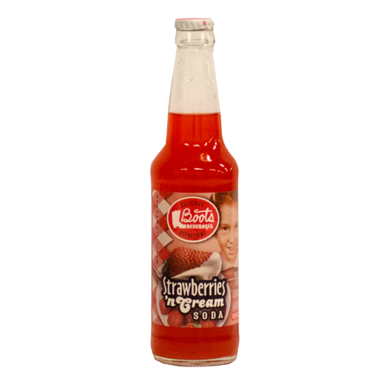 Glass bottle of red Boots brand strawberries and cream flavored soda with retro-style label design