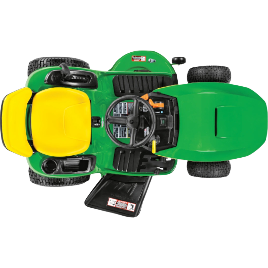 Top-down view of green riding lawn tractor with yellow seat, steering wheel, and open mower deck door for home improvement use