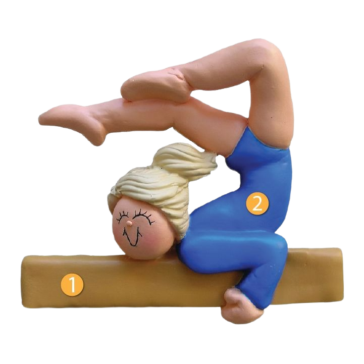 Blonde female gymnast figurine ornament in blue leotard balancing on a beam, Christmas Ornaments under 50 collection
