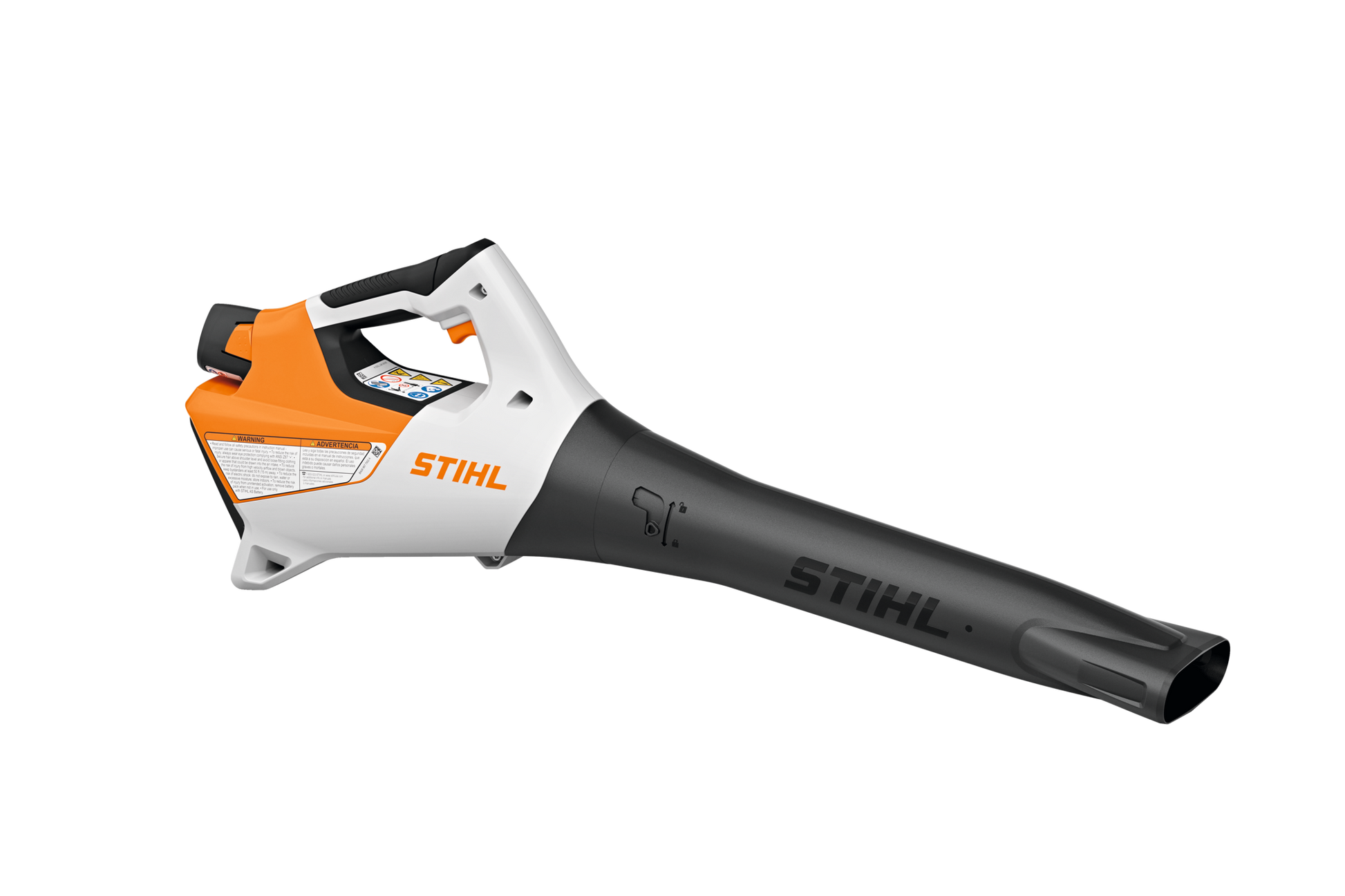 Orange and white handheld battery-powered blower with black nozzle for outdoor yard and home improvement tasks