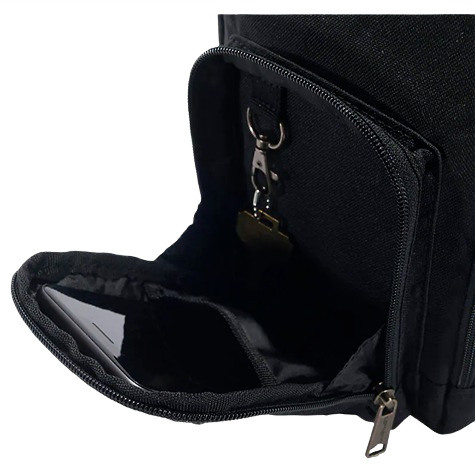 Open black crossbody bag showing interior pockets and key clip, designed for organized daily use.