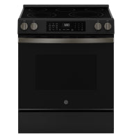 Front view of black slide-in electric convection range with digital display and control knobs in kitchen appliances collection