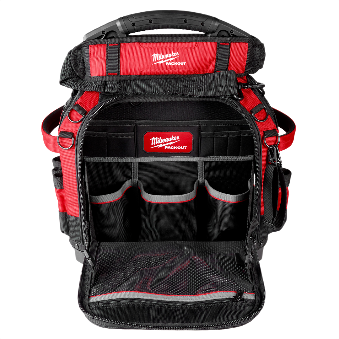 Red and black Milwaukee PACKOUT™ 15" tool bag with reinforced structure and multiple interior compartments for tool storage