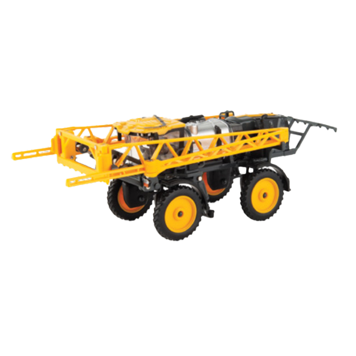 Yellow and black scale model of a self-propelled agricultural sprayer with detailed wheels and framework
