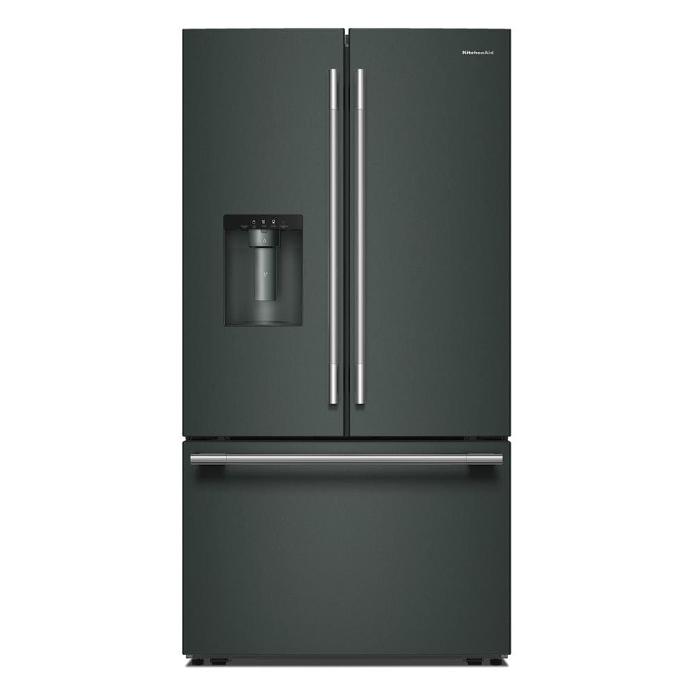 Matte black French door refrigerator with bottom freezer drawer and exterior water dispenser for kitchen appliances