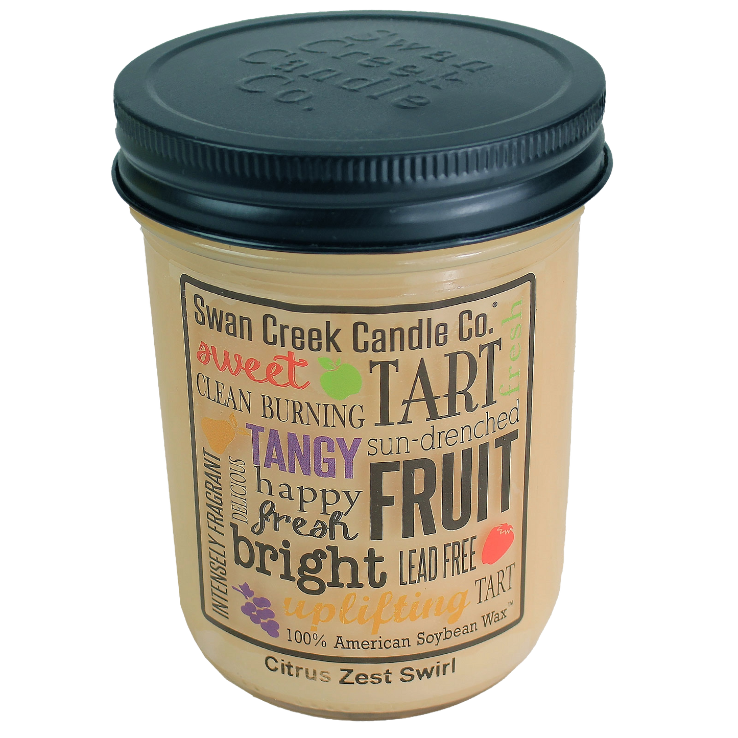 Jar candle with black lid featuring colorful fruit-inspired descriptive text and branding on beige background