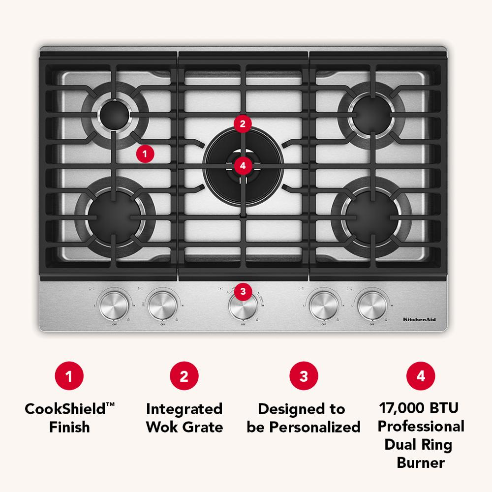 KitchenAid® 30 in. Gas Cooktop with 5 Burners and Integrated Wok Grate