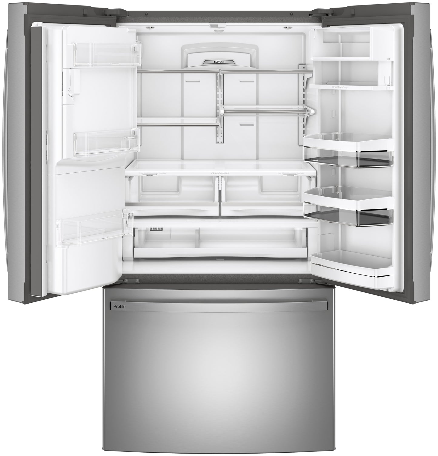 Open stainless steel French-door refrigerator with spacious adjustable shelves and clear door bins from Appliances collection