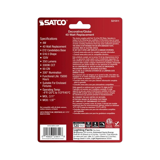 Packaging of Satco 4 watt LED clear soft white candelabra base bulb for lighting and electrical use under $50 collections