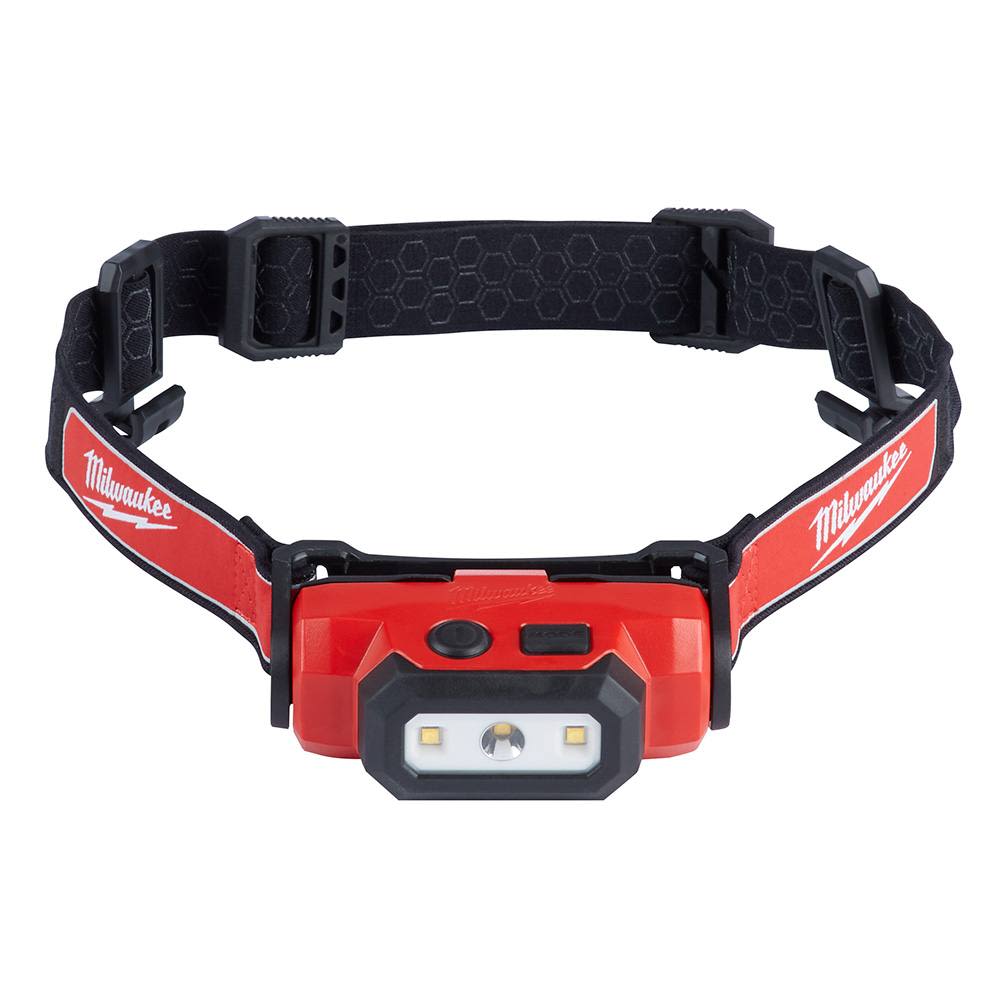 Red and black Milwaukee rechargeable LED headlamp with adjustable strap designed for hands-free tool and home improvement use