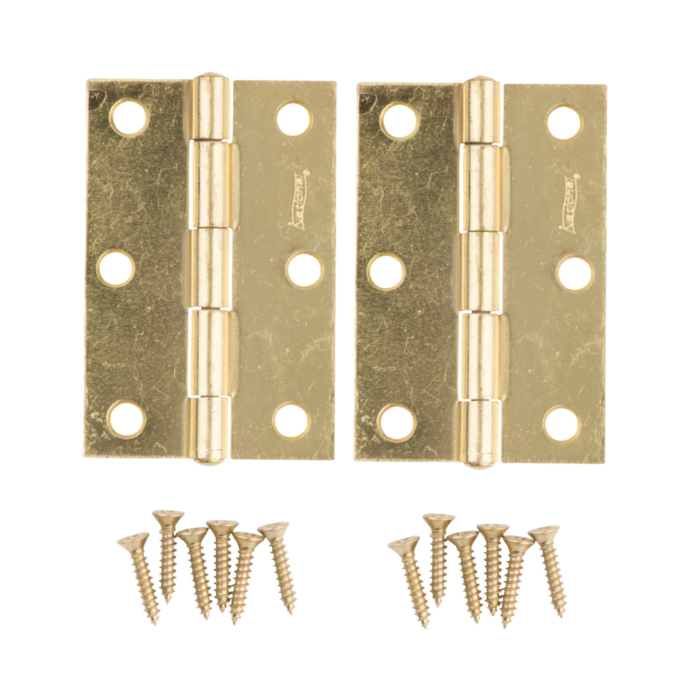 Pair of 3-inch brass tight-pin narrow hinges with screws for door hardware in home improvement and slides & hinges collections