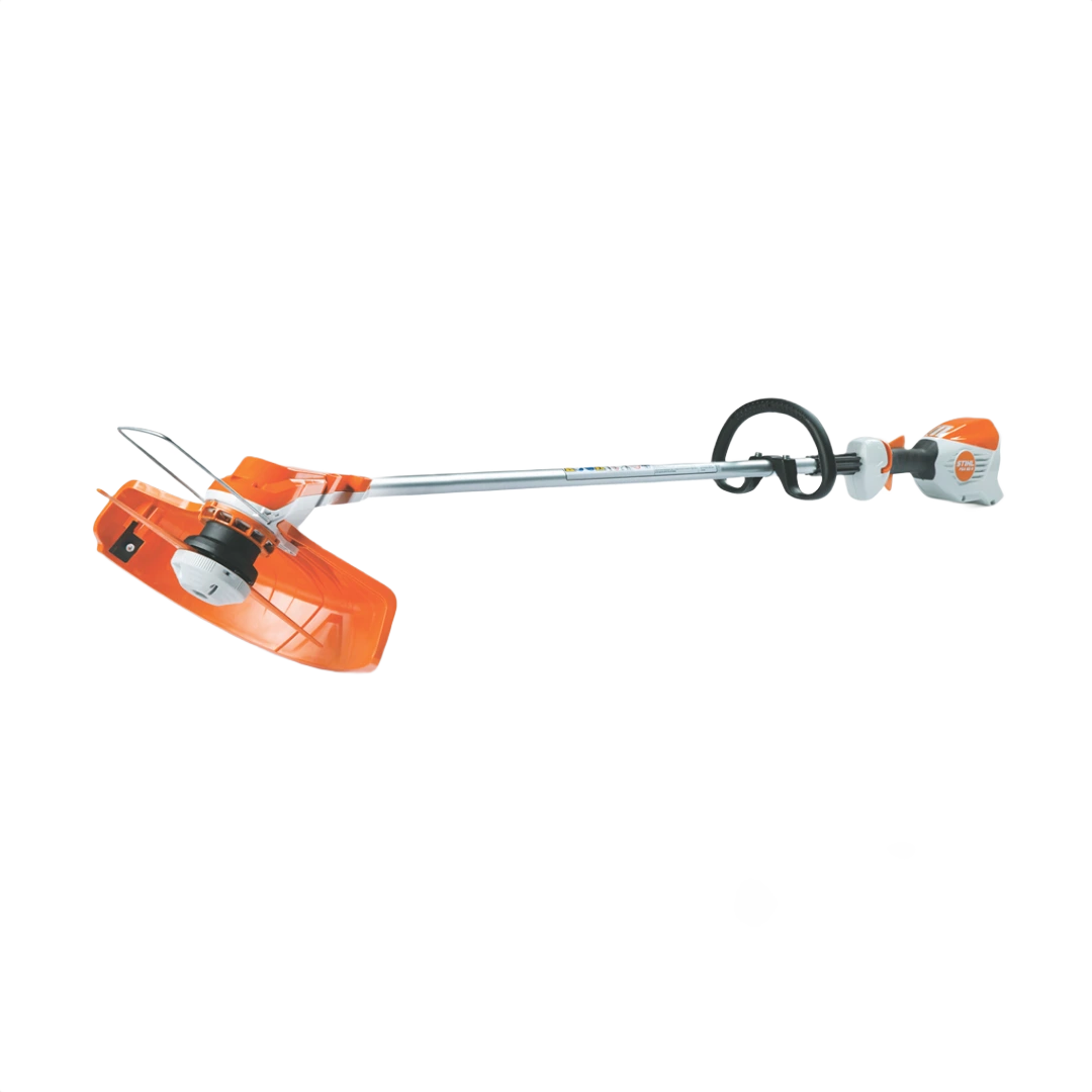 Orange and gray battery-powered lawn trimmer with loop handle and protective guard for outdoor yard maintenance tasks