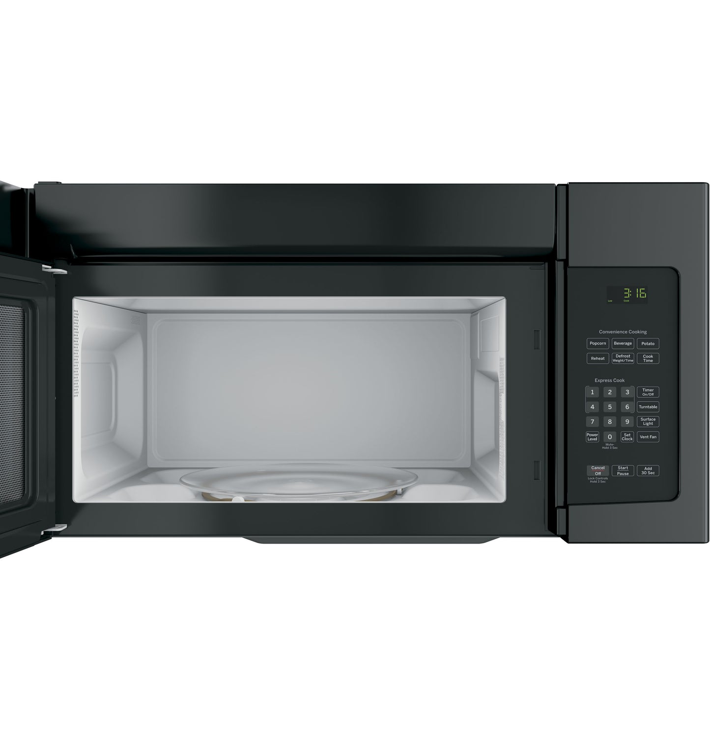 Open black over-the-range microwave with digital control panel and turntable from kitchen and appliances collection