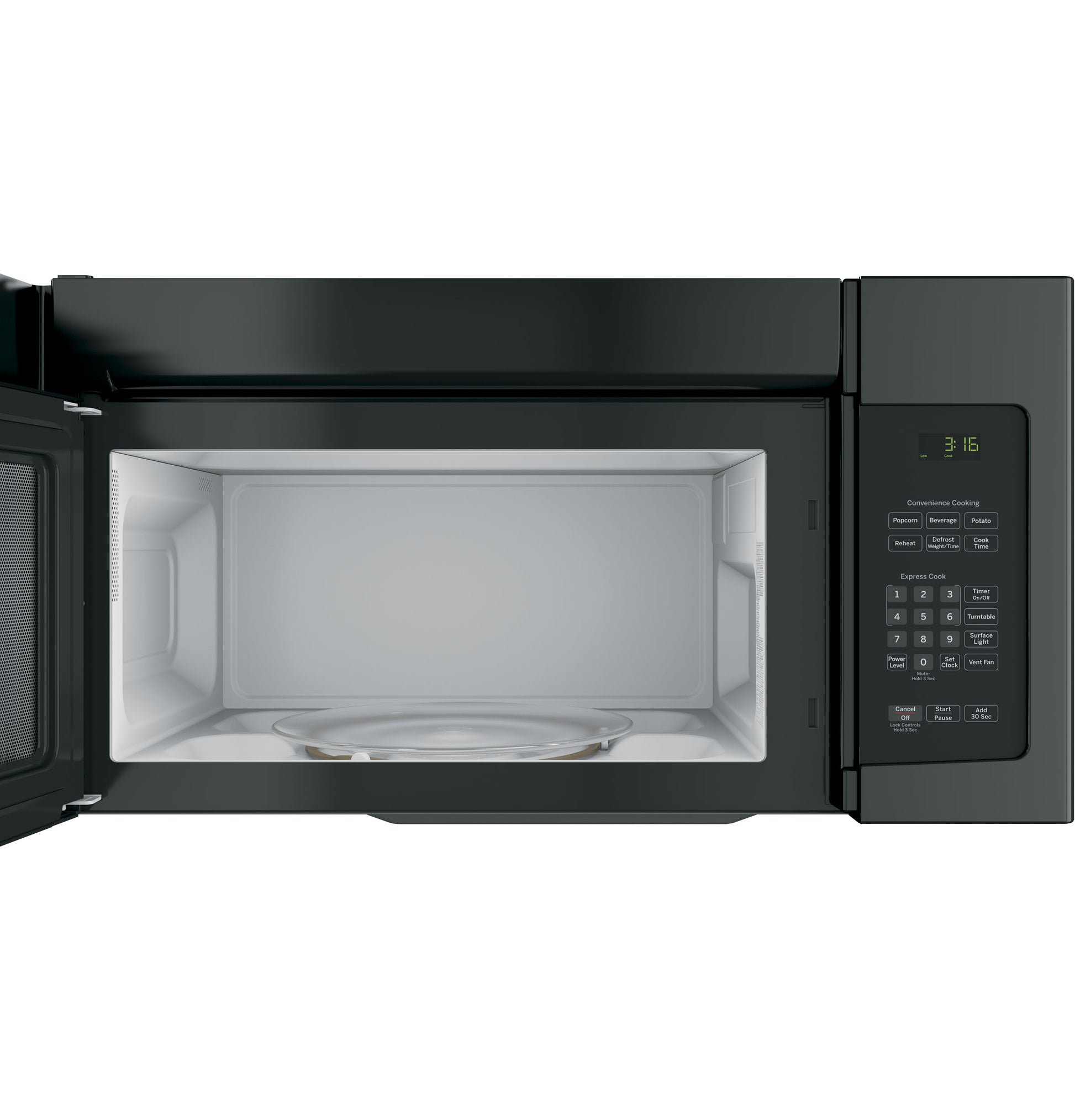 Open black over-the-range microwave with digital control panel and turntable from kitchen and appliances collection