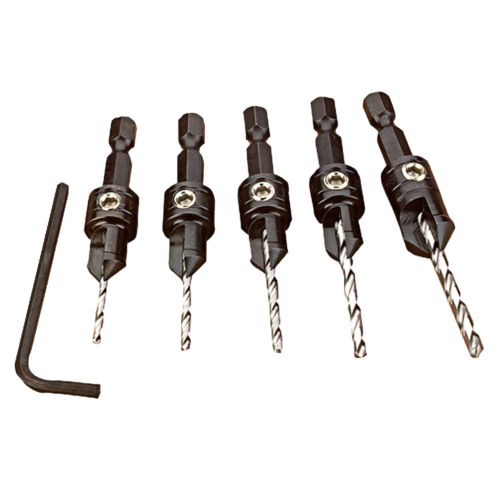 Set of five black countersink drill bits with hex shanks and adjustment wrench for tool accessories and home improvement collections