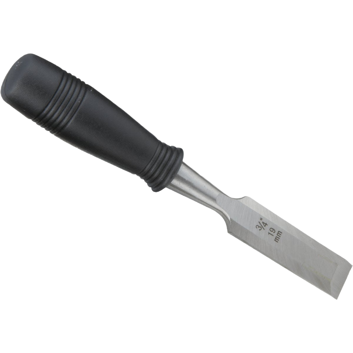 Wood chisel with black textured handle and sharp 3/4 inch blade for woodworking and home improvement tasks