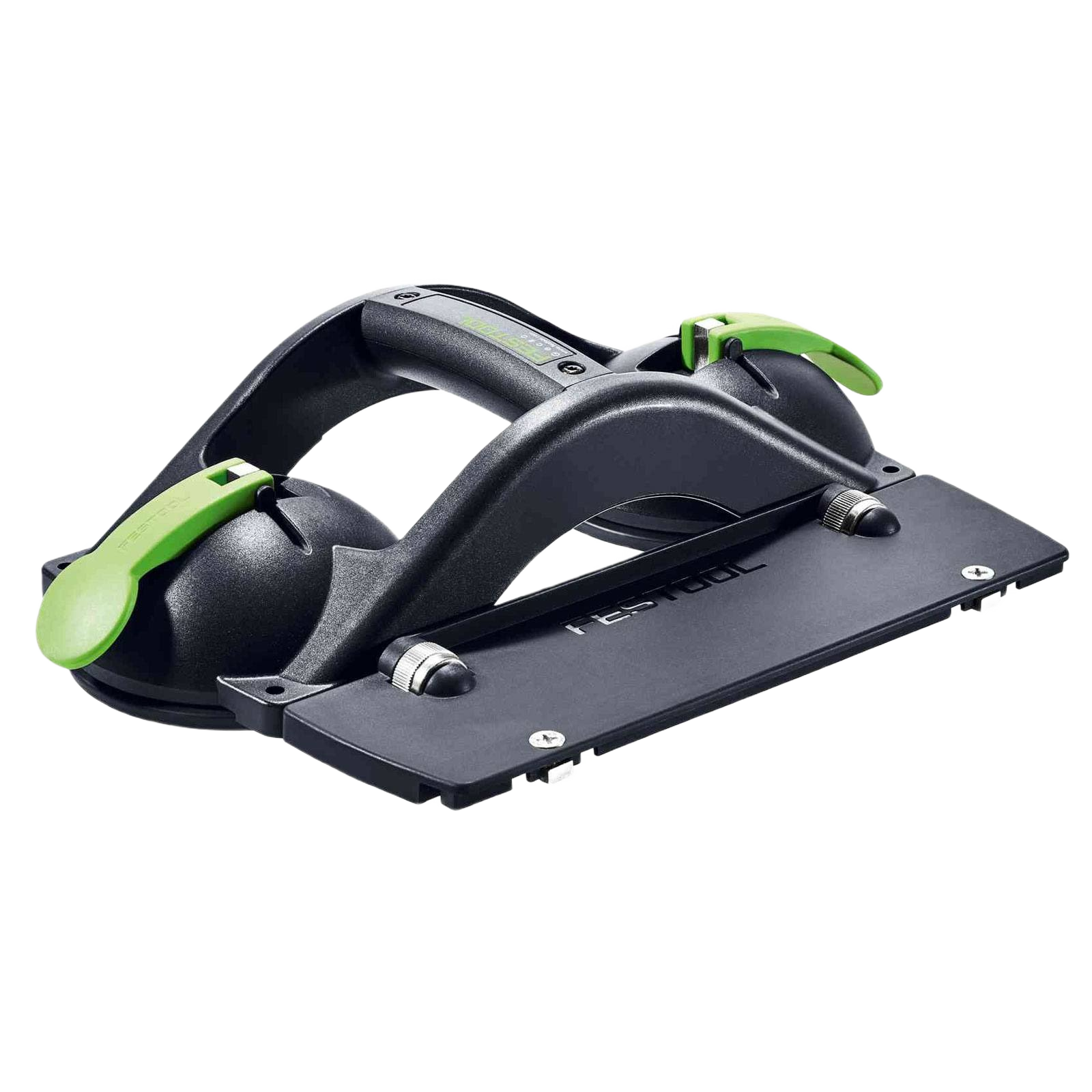 Black and green clamp tool with suction cups for secure attachment to flat surfaces in woodworking tool accessories collections