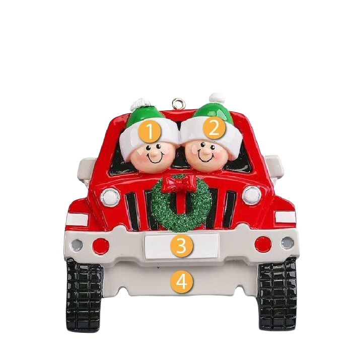Red SUV ornament with a family of two wearing green holiday hats and a festive wreath from Christmas decorations collection