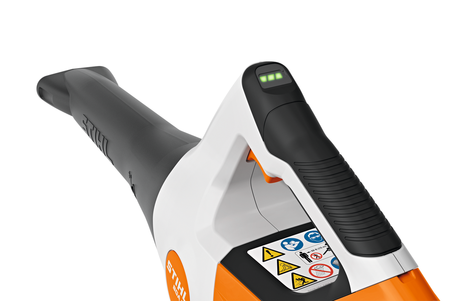 White and orange STIHL cordless blower handle with black textured grip and visible battery level indicator for home improvement tasks