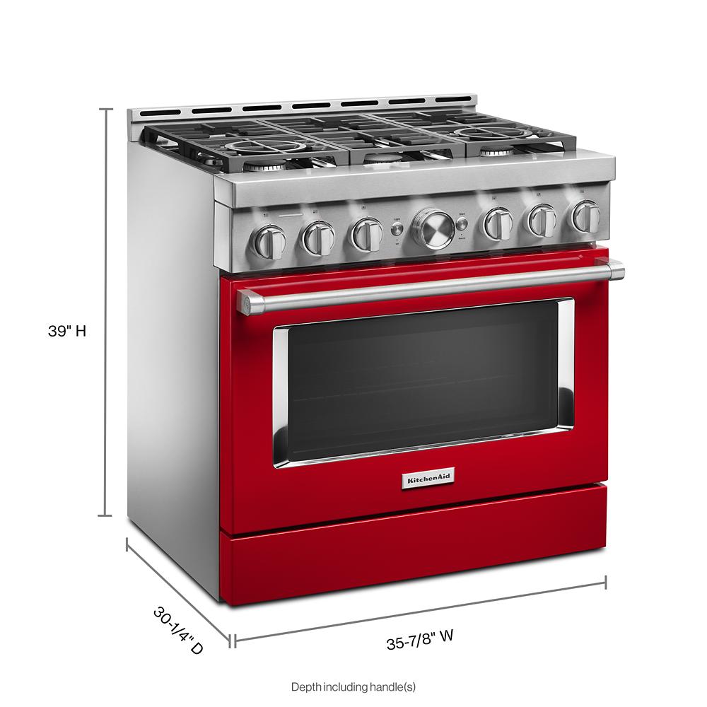 red stainless steel commercial-style gas range with six burners and large oven window in kitchen appliances collection