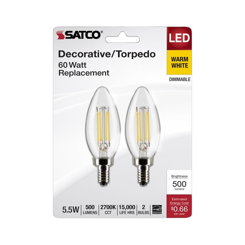 Two clear decorative LED bulbs with candelabra bases, warm white light, energy saving for home lighting in under $50 collections