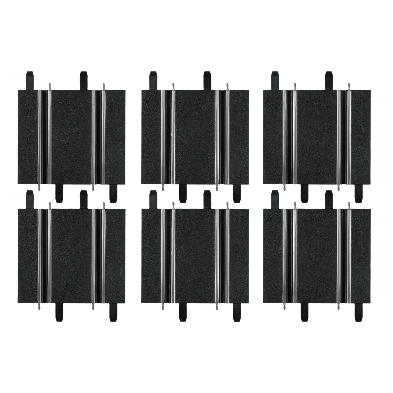 Set of six black plastic straight track pieces for digital slot car racing with connecting tabs on each end