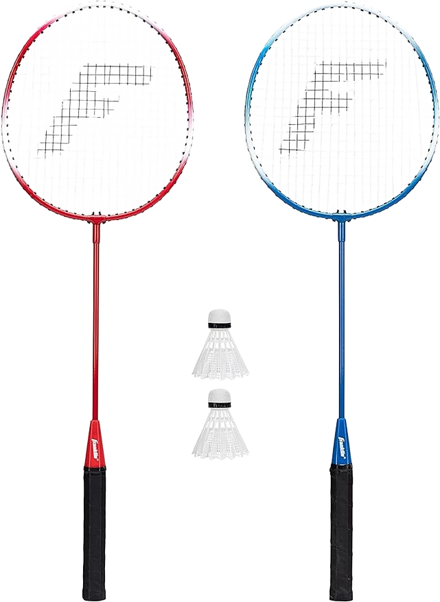 Two lightweight badminton rackets in red and blue with black grips and two white shuttlecocks for casual play