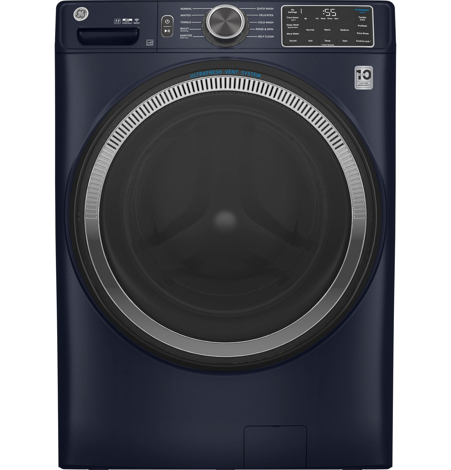 Navy blue front load washer with digital control panel and large circular door from front load washers collection