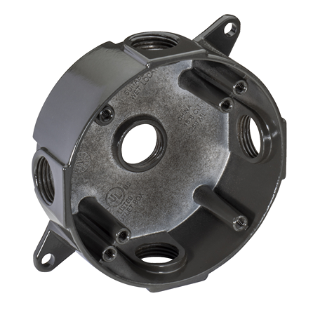 Bronze 5-hole round electrical box with powder coat finish for wiring in home improvement and electrical projects under $50