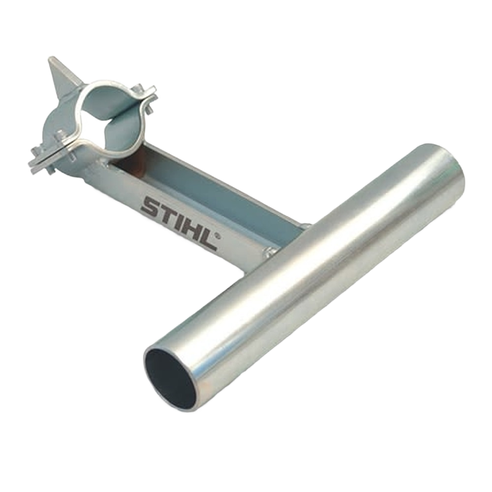 Metal log stand with clamp attachment, designed for supporting logs during cutting in home improvement projects