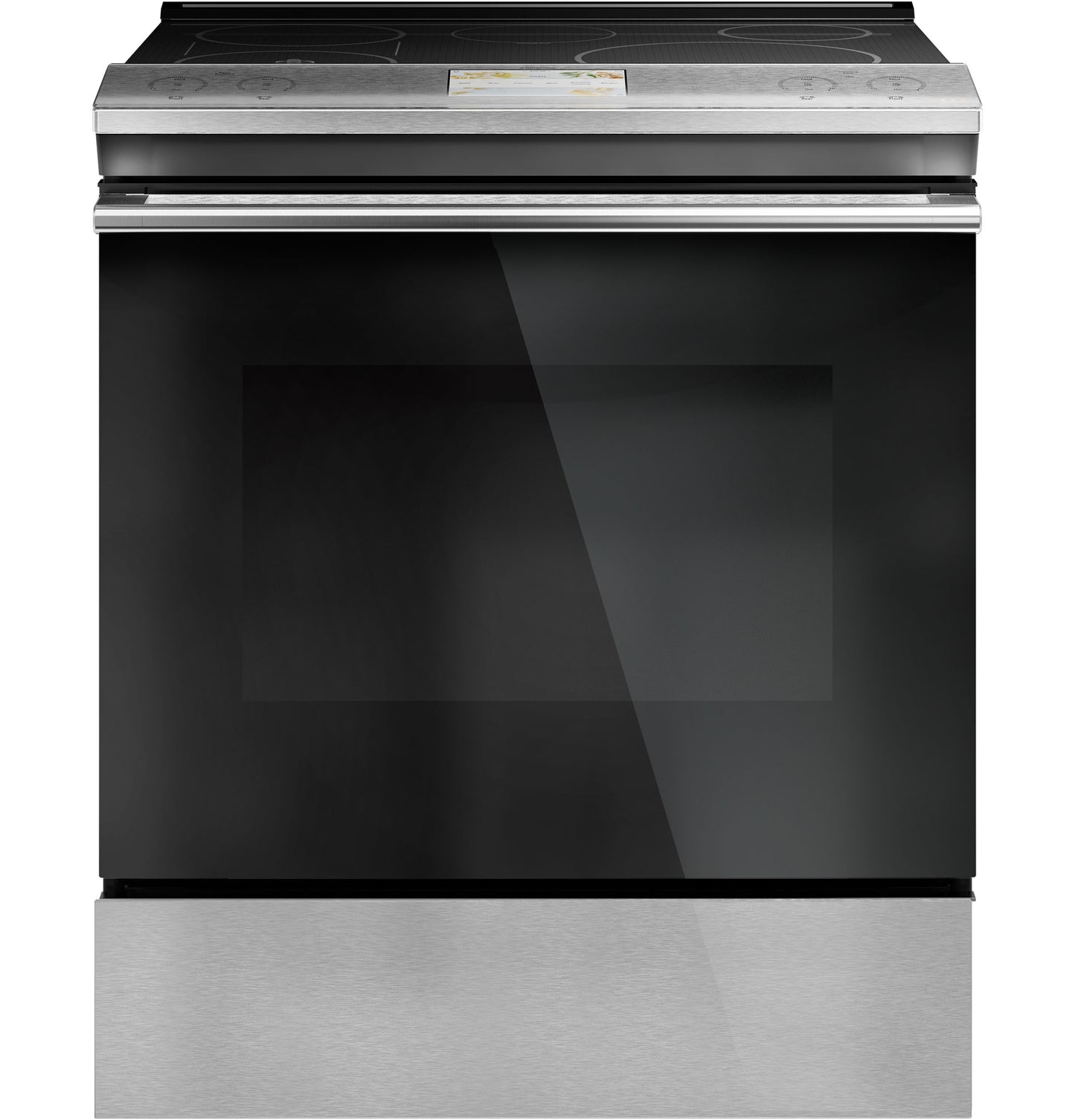 Front-control induction and convection range in platinum glass with large black oven door from Ranges & Kitchen collections