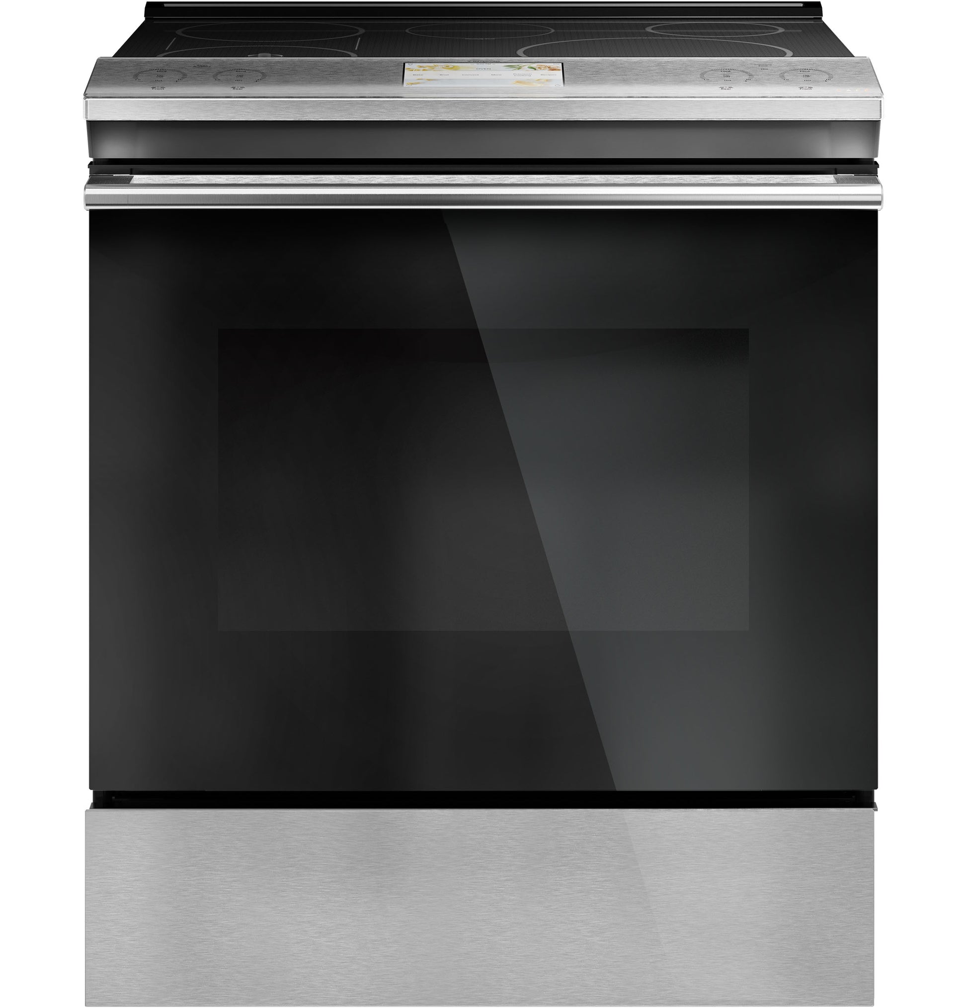 Front-control induction and convection range in platinum glass with large black oven door from Ranges & Kitchen collections