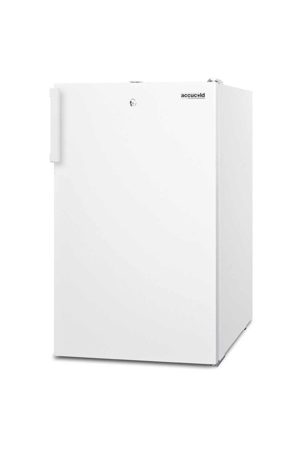 Compact white upright freezer with lockable door, suitable for kitchen or healthcare storage applications in appliances collection
