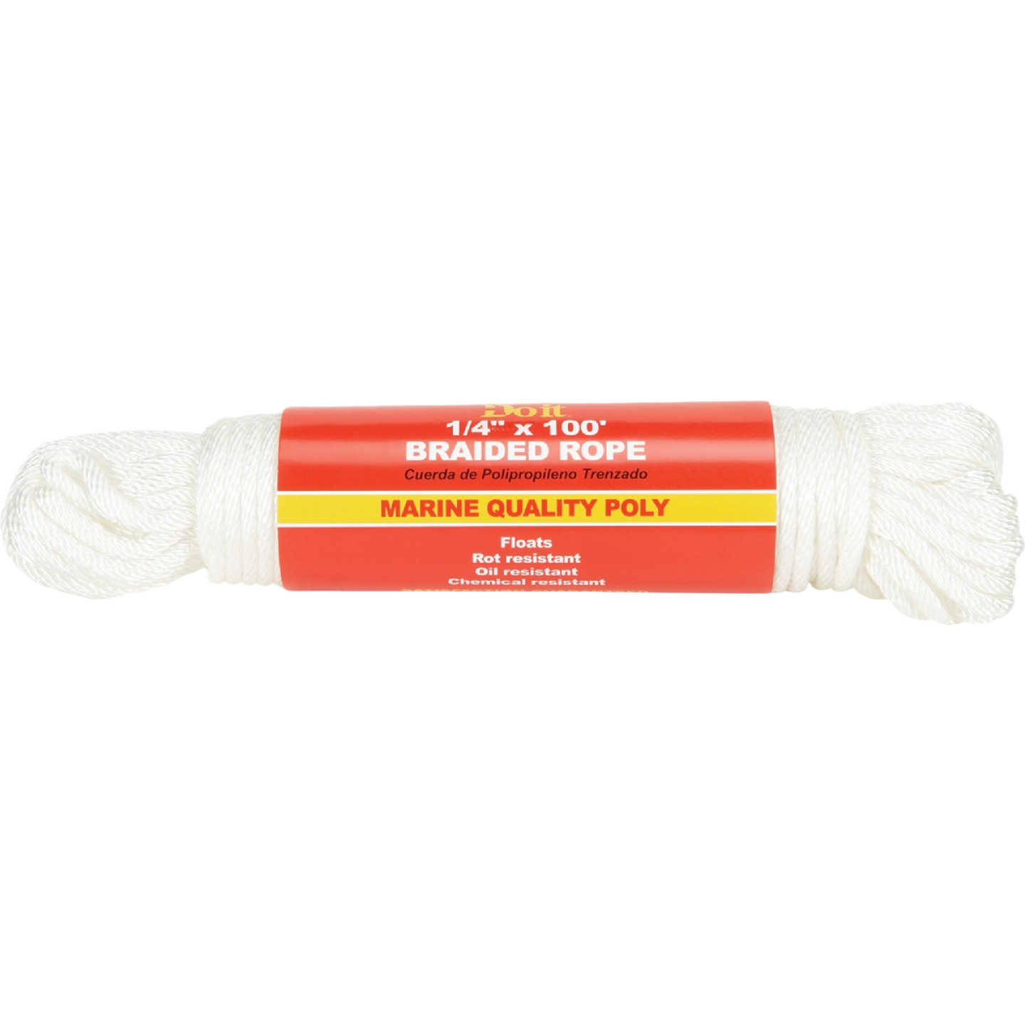 White solid braided polypropylene rope coil with red and yellow packaging label for home improvement and tools use