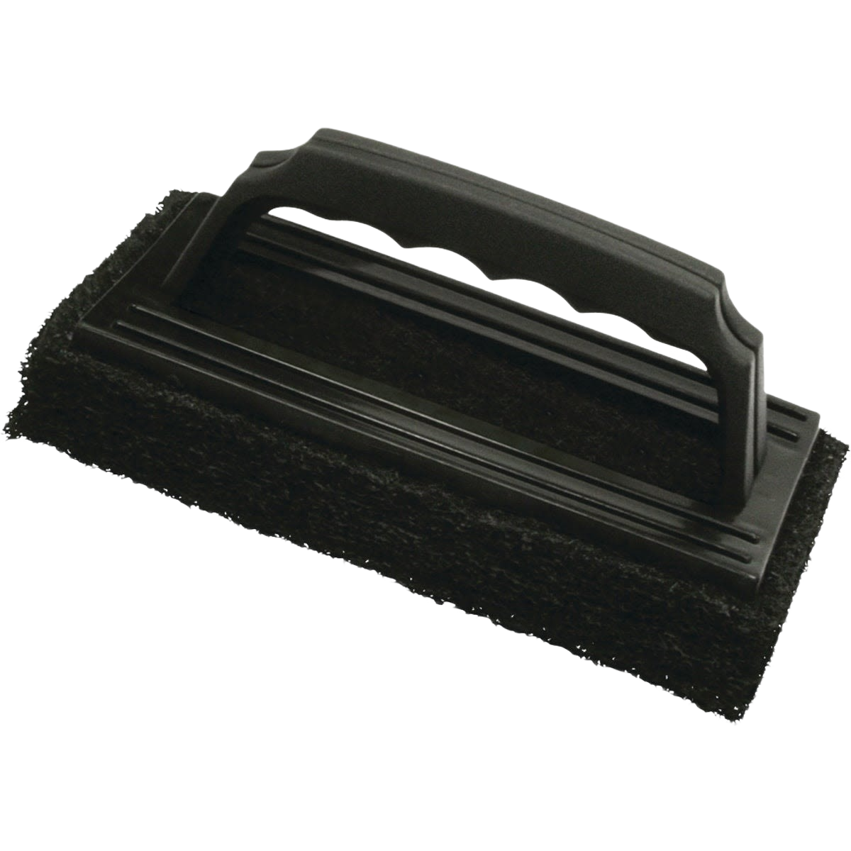 Black abrasive nylon grill scrubber brush with ergonomic handle for outdoor grilling and cooking tool accessory