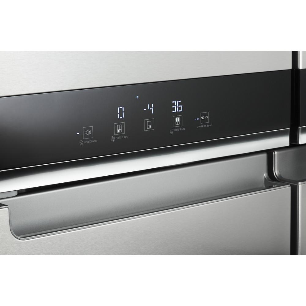 Close-up of digital control panel on stainless steel refrigerator in kitchen and appliances collection