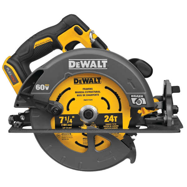 Yellow and black cordless 7-1/4 inch circular saw with 24-tooth carbide blade for woodworking and home improvement tasks