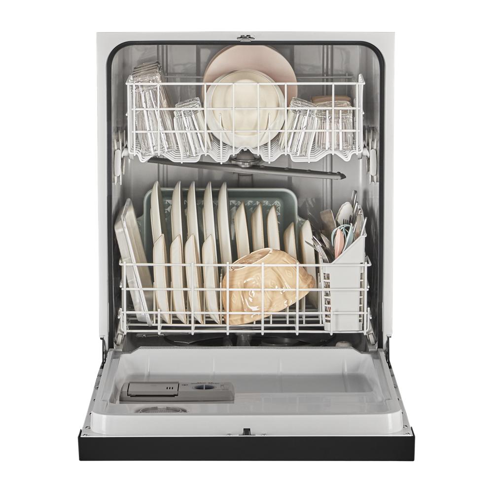 Open dishwasher loaded with dishes and silverware inside racks in kitchen appliance setting for home improvement