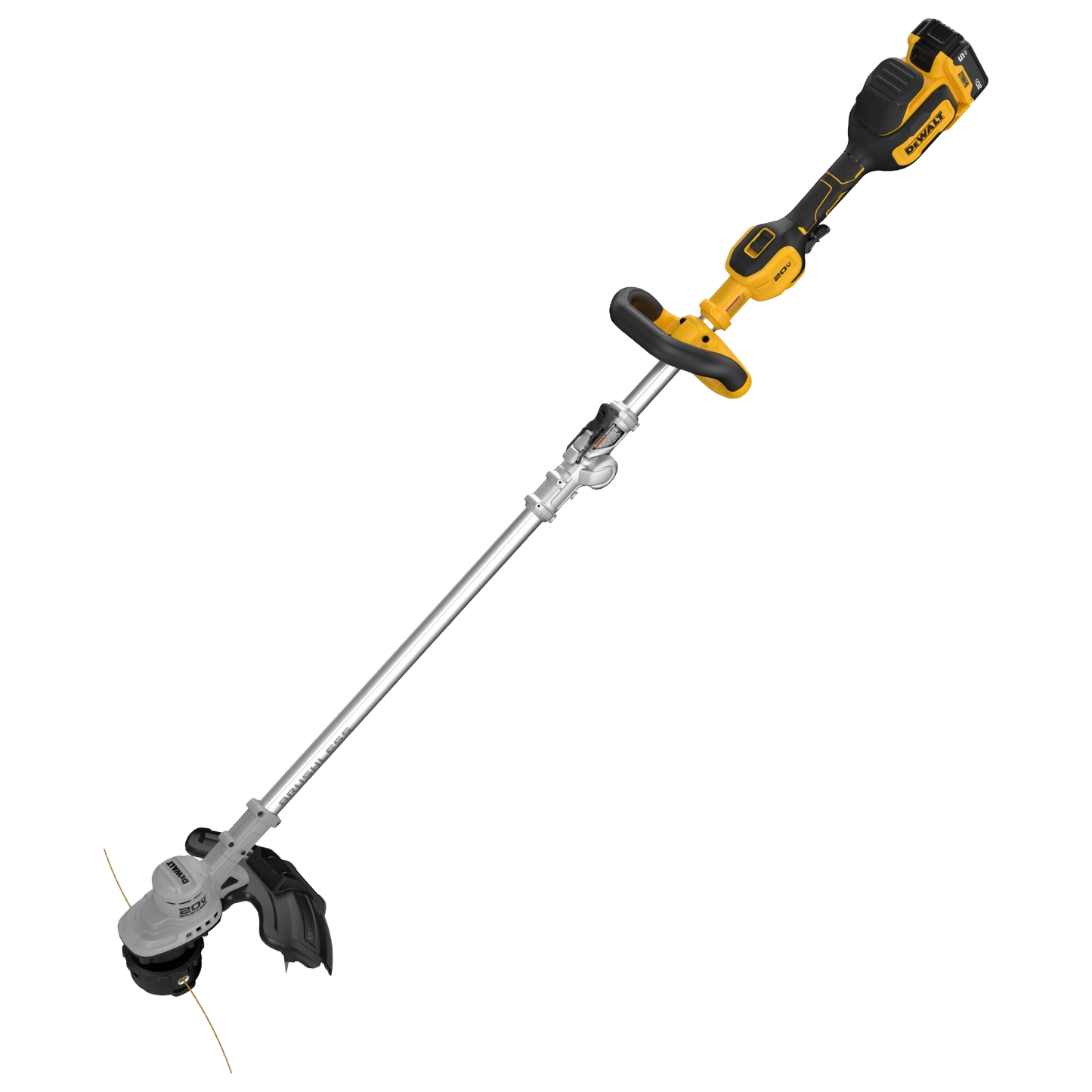 Compact yellow and black cordless foldable string trimmer with brushless motor for efficient lawn maintenance in outdoor power equipment and garden tools.
